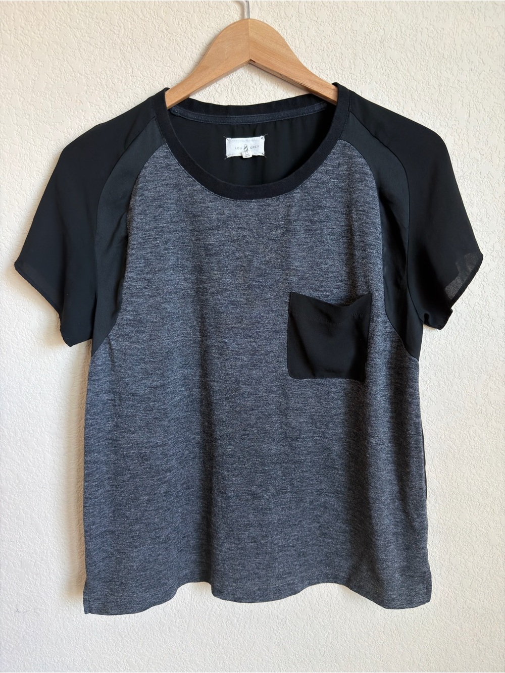 Lou & Grey Mixed Media Pocket Tee M Gray Black Sheer Back Color Block Raglan Top